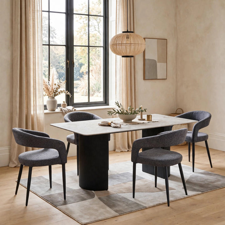 Olympia 160cm Grey Ceramic Marble Dining Table & 4 Grey Velvet Chairs