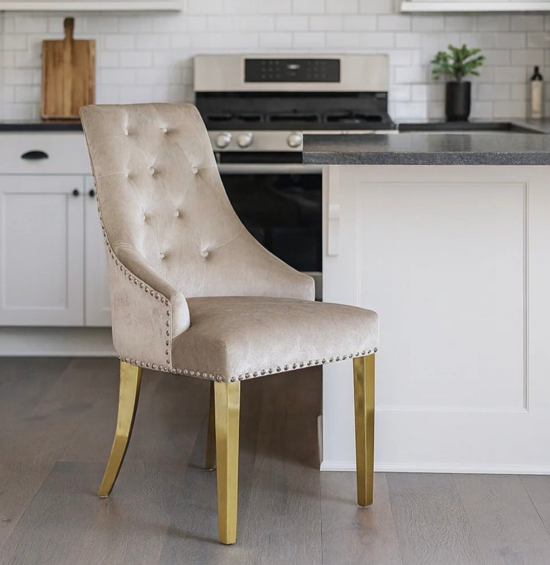 Louise Cream Marble Dining Table Gold + Gold Majestic Dining Chairs Lion knocker