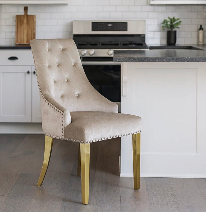 Louise Cream Marble Dining Table Gold + Gold Majestic Dining Chairs Lion knocker