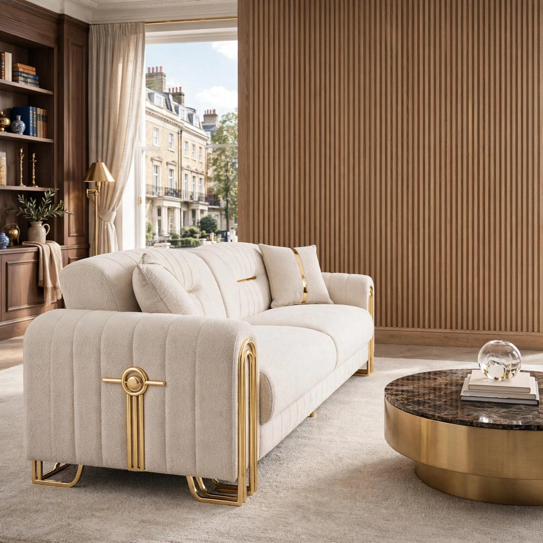 Mona Turkish Cream Sofa Set with Gold Trim – 3 Seater, 2 Seater | Luxury Living Room Furniture UK