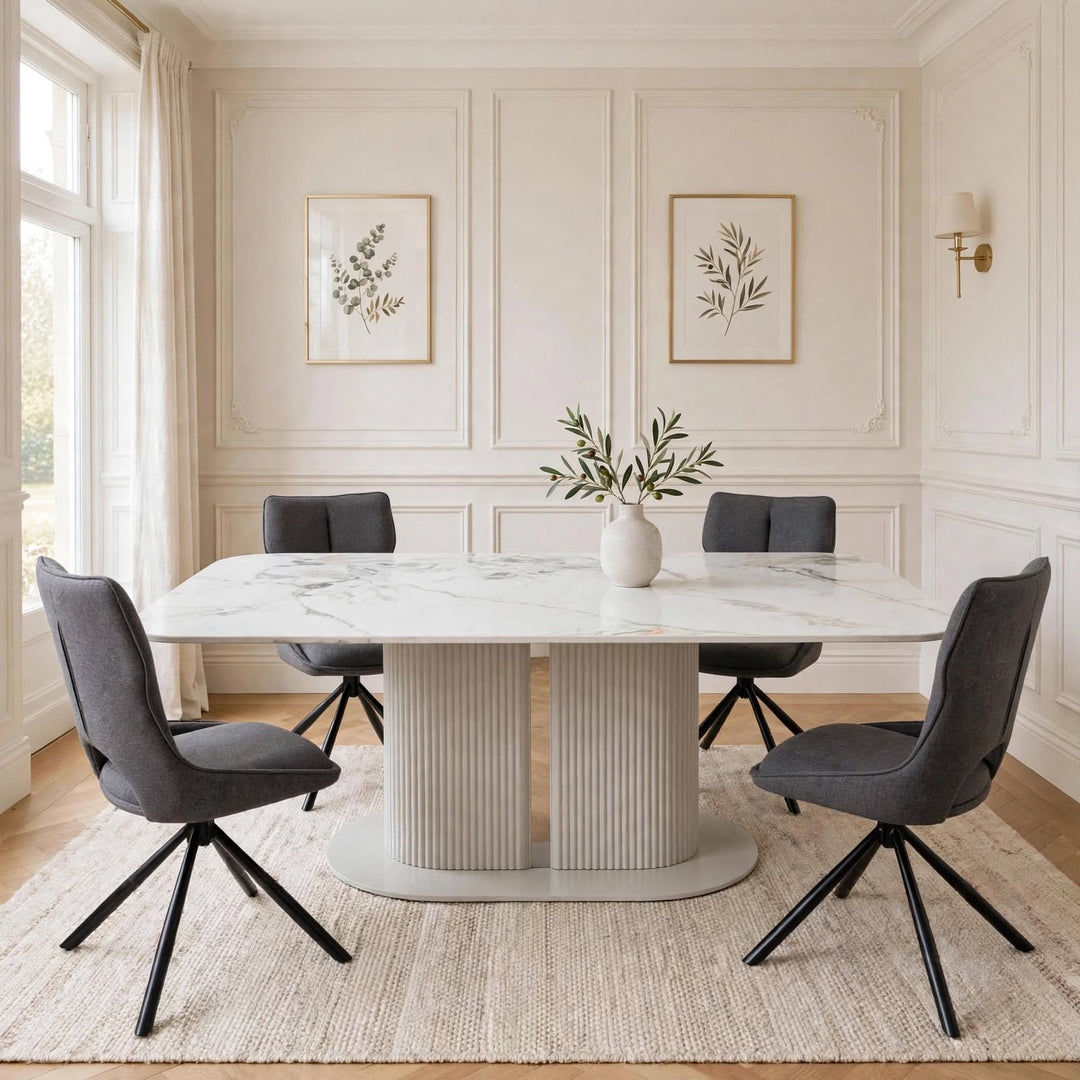 Alasgar Marble Dining Table 160cm White & Cream Pedestal Table with Roseland Grey 360 Swivel Chair Velvet Swivel Chairs Dining Set
