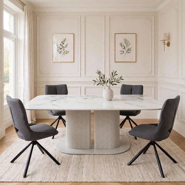 Alasgar Marble Dining Table 160cm White & Cream Pedestal Table with Roseland Grey 360 Swivel Chair Velvet Swivel Chairs Dining Set