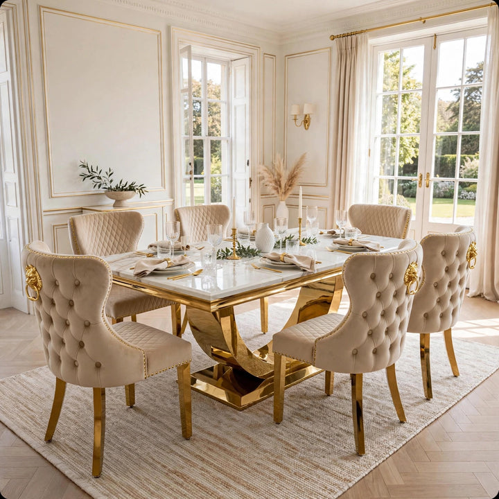 London Gold Dining Table with Victoria Mink & Gold Velvet Luxury Dining Set