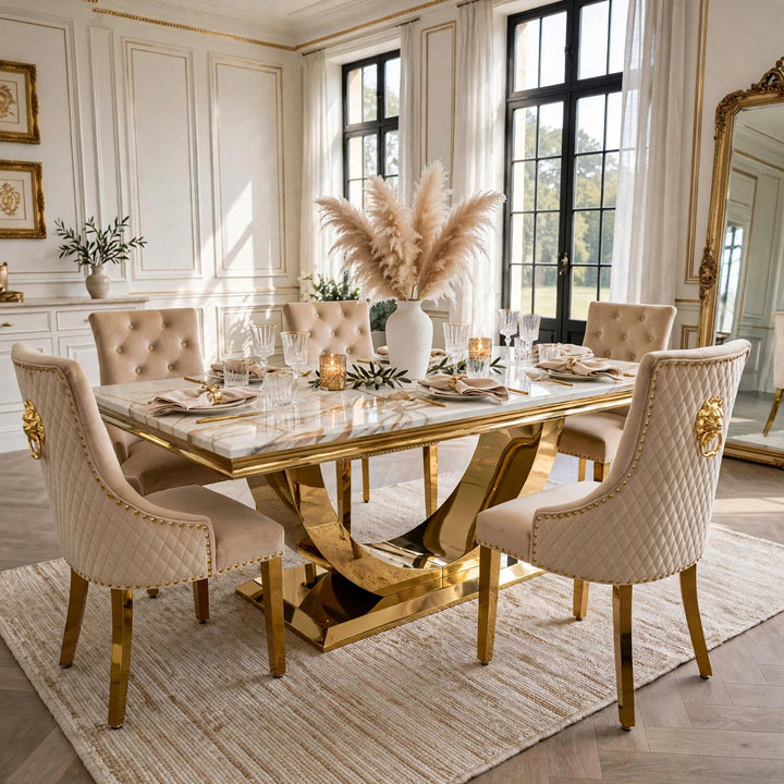 London White & Gold Marble Dining Table with Mink & Gold Lion Knocker Velvet Chairs – 4, 6 & 8 Seater