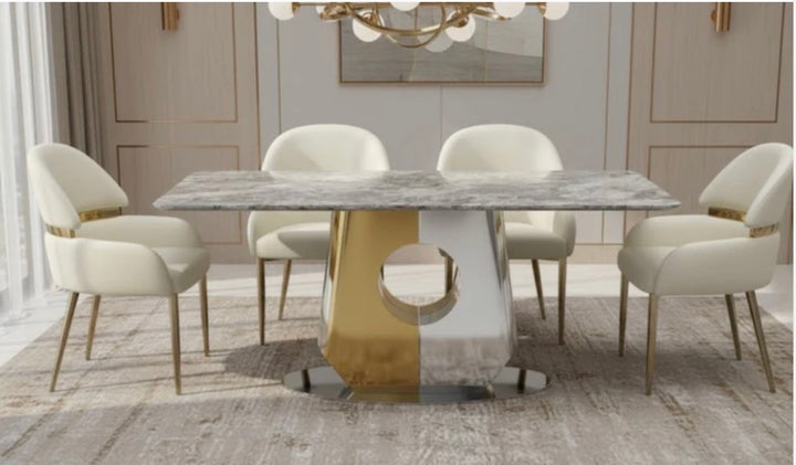 Madrid 180cm Gold Dining Table with Gold Leather Dining Chairs | Luxury Dining Set