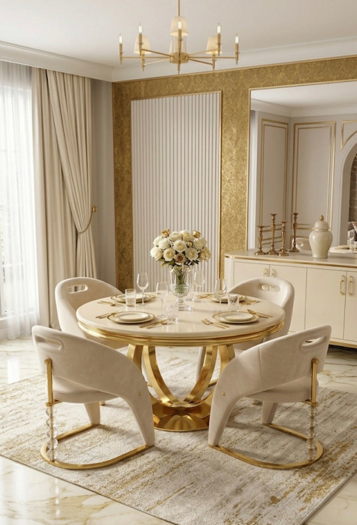 130cm Chelsea Round Dining Table with Rome Crystal Chairs – Cream & Gold | Luxury Dining Set