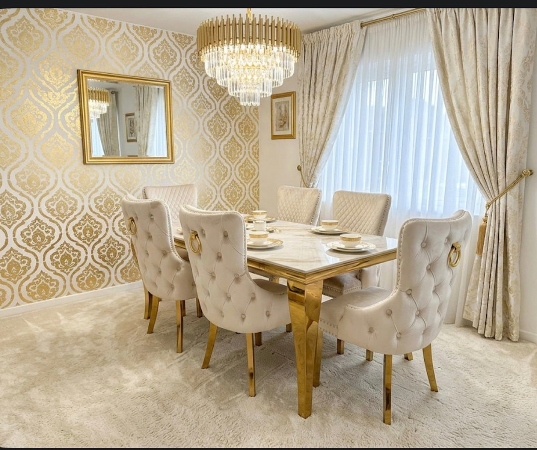 Louise White & Gold Marble Dining Table with Cream Velvet Ring & Lion Knocker Chairs – Luxury Dining Set