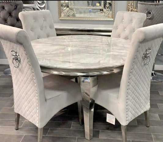 130cm Round Marble Dining Table White And Grey + Emma Cream Dining Chairs Lion knocker