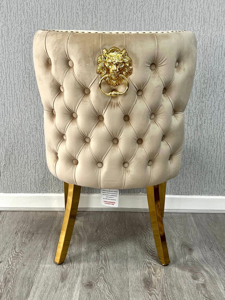 130cm Round Gold Dining Table with 6 Valentino Mink and Gold Lion Knocker Chairs – Luxury Dining Set