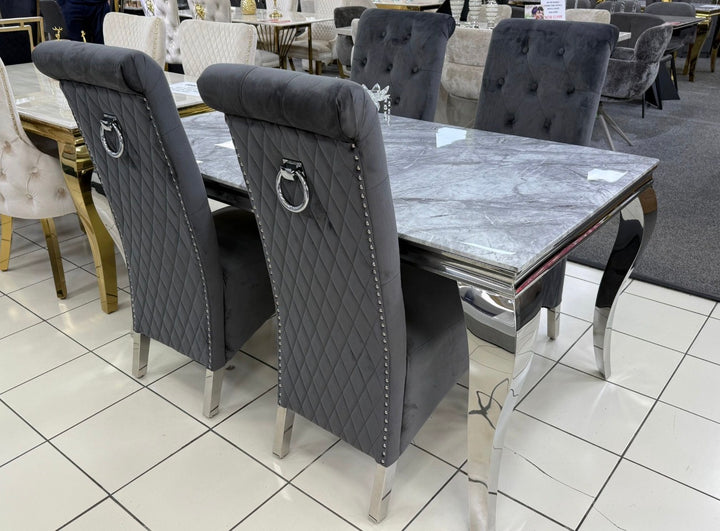 Louise Marble Dining Table + Sofia Chair Dark Grey Chair