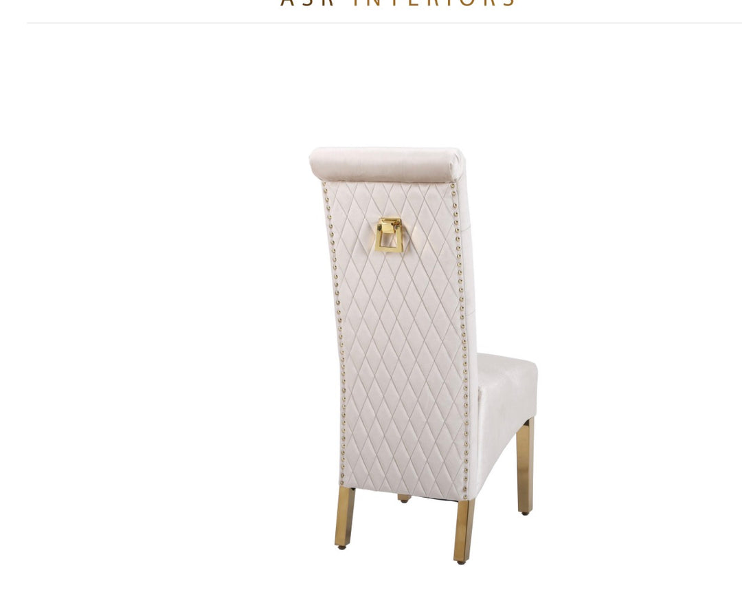 Arianna White & Gold Marble Dining Table with Cream And Gold Lucy Velvet Dining Chairs