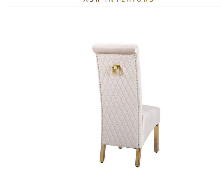 Arianna White & Gold Marble Dining Table with Cream And Gold Lucy Velvet Dining Chairs