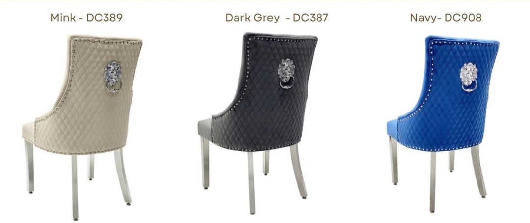 lion konker chair with mink, dark grey, navy and chrome design back side view