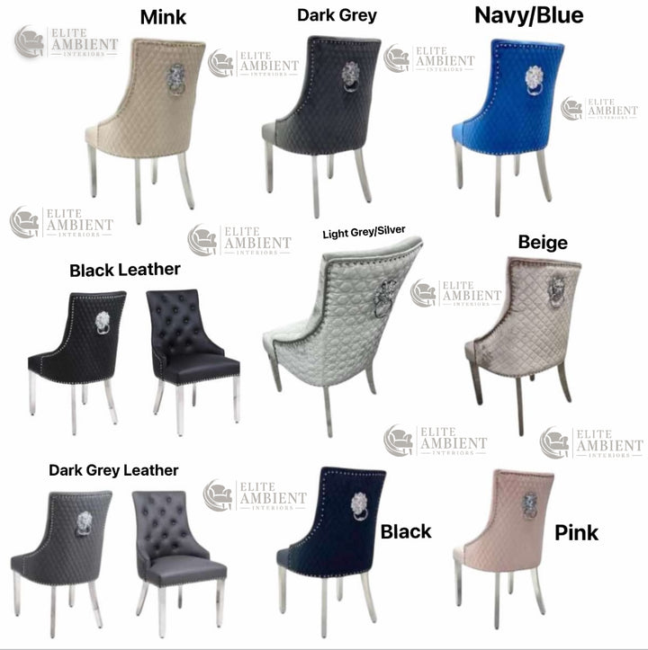chair color and syle list in elite ambient interiors
Dark Grey 
Black 
Light Grey 
Silver 
Mink 
Pink 
Pu Leather chairs 