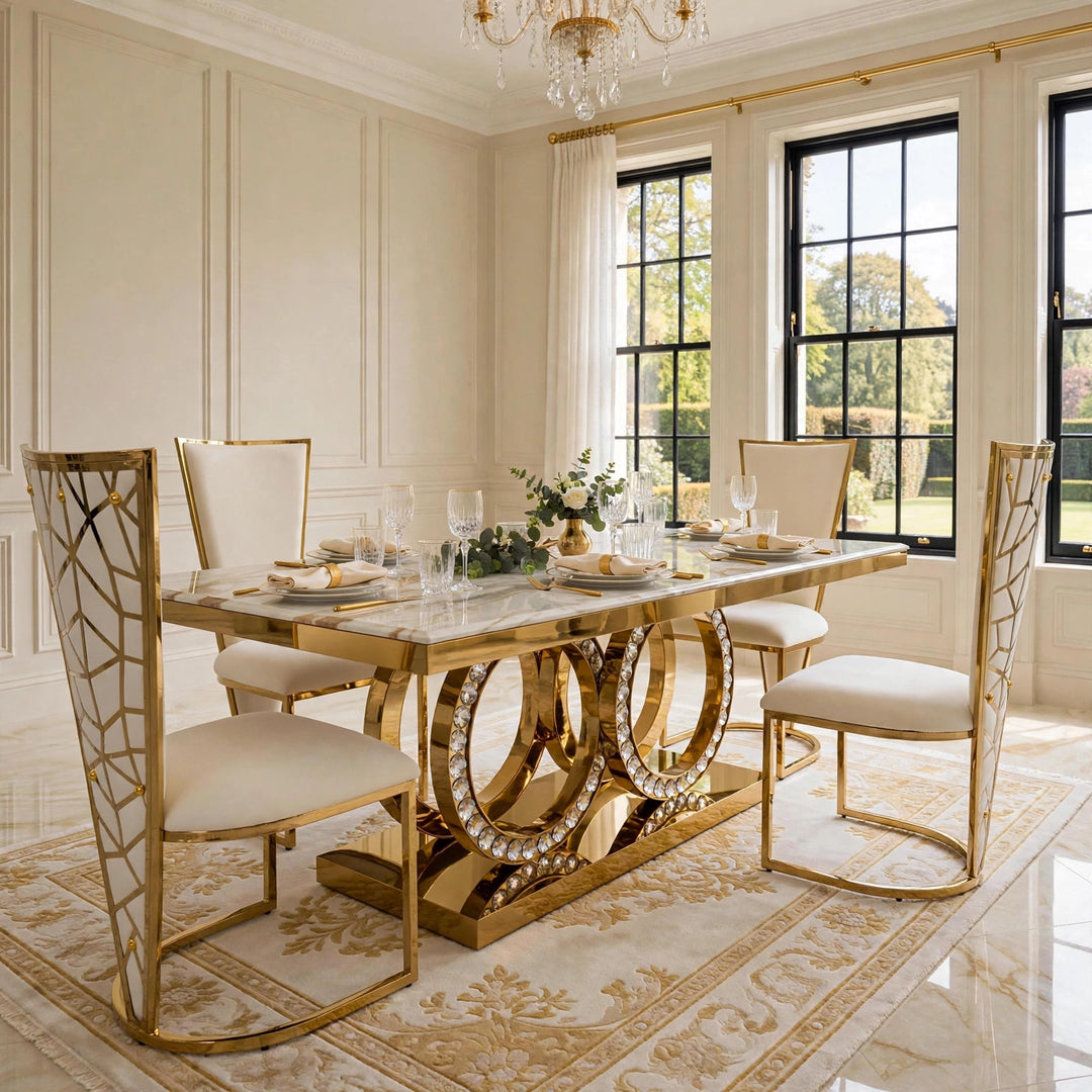 160cm Crystal White & Gold Dining Table, Rose Cream & Gold Chairs, Gold Dining Set UK.