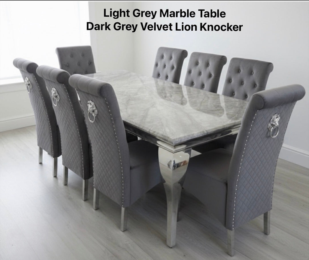 Louis Marble Dining Table + Sofia Dining Chairs Lion Knocker