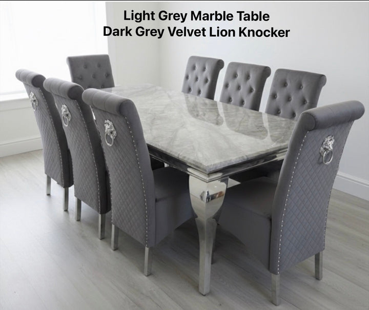 Louis Marble Dining Table + Sofia Dining Chairs Lion Knocker