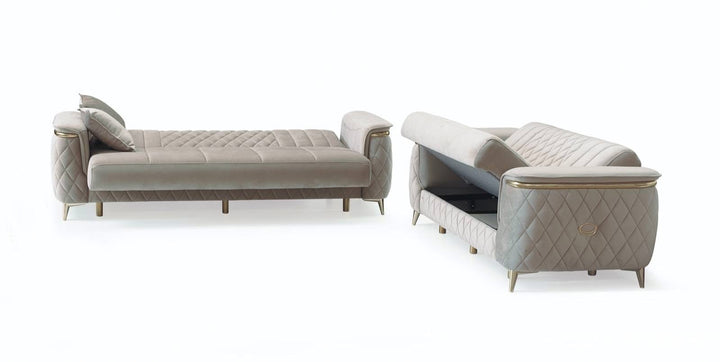 Bellway Turkish Cream Sofa Bed Set with Gold Trim – 3 Seater, 2 Seater & 1 Seater with Storage | Luxury Living Room Furniture UK