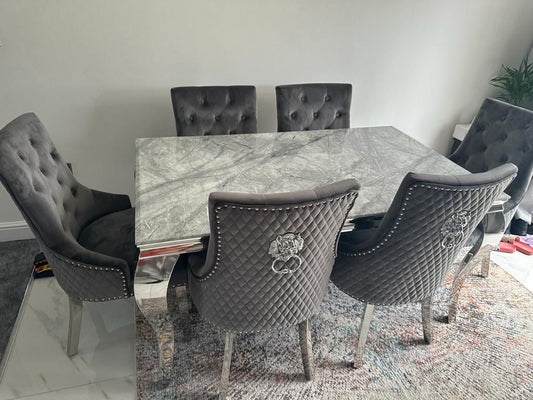 Louis Marble Dining Table With Majestic Lion Knocker Chairs