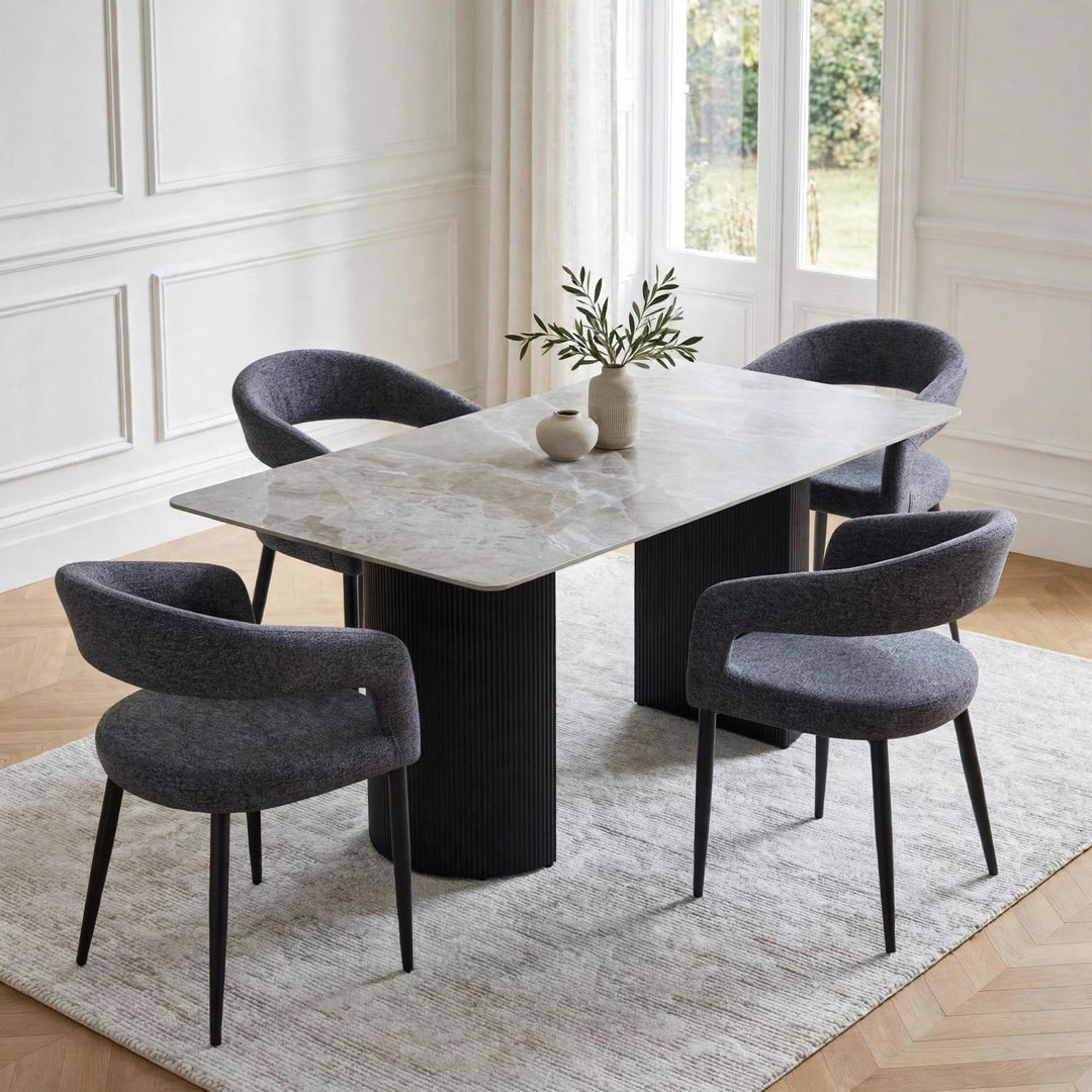 Olympia 160cm Grey Ceramic Marble Dining Table & 4 Grey Velvet Chairs