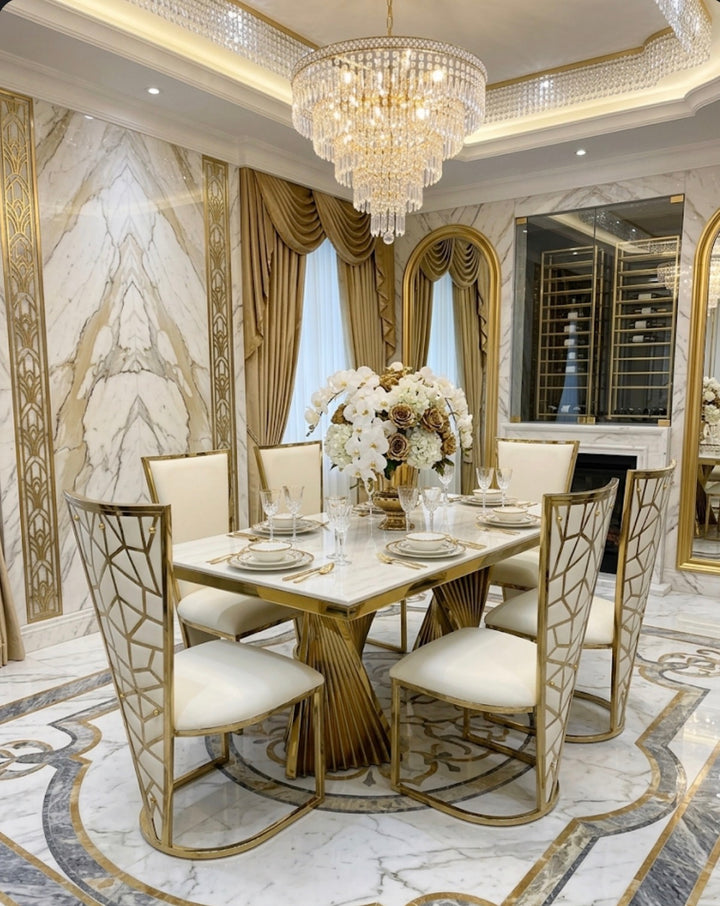 Rocco Marble Cream & Gold Dining Table Set with Rose Black & Gold Dining Chairs – Luxury Marble Dining Set (160cm & 180cm )