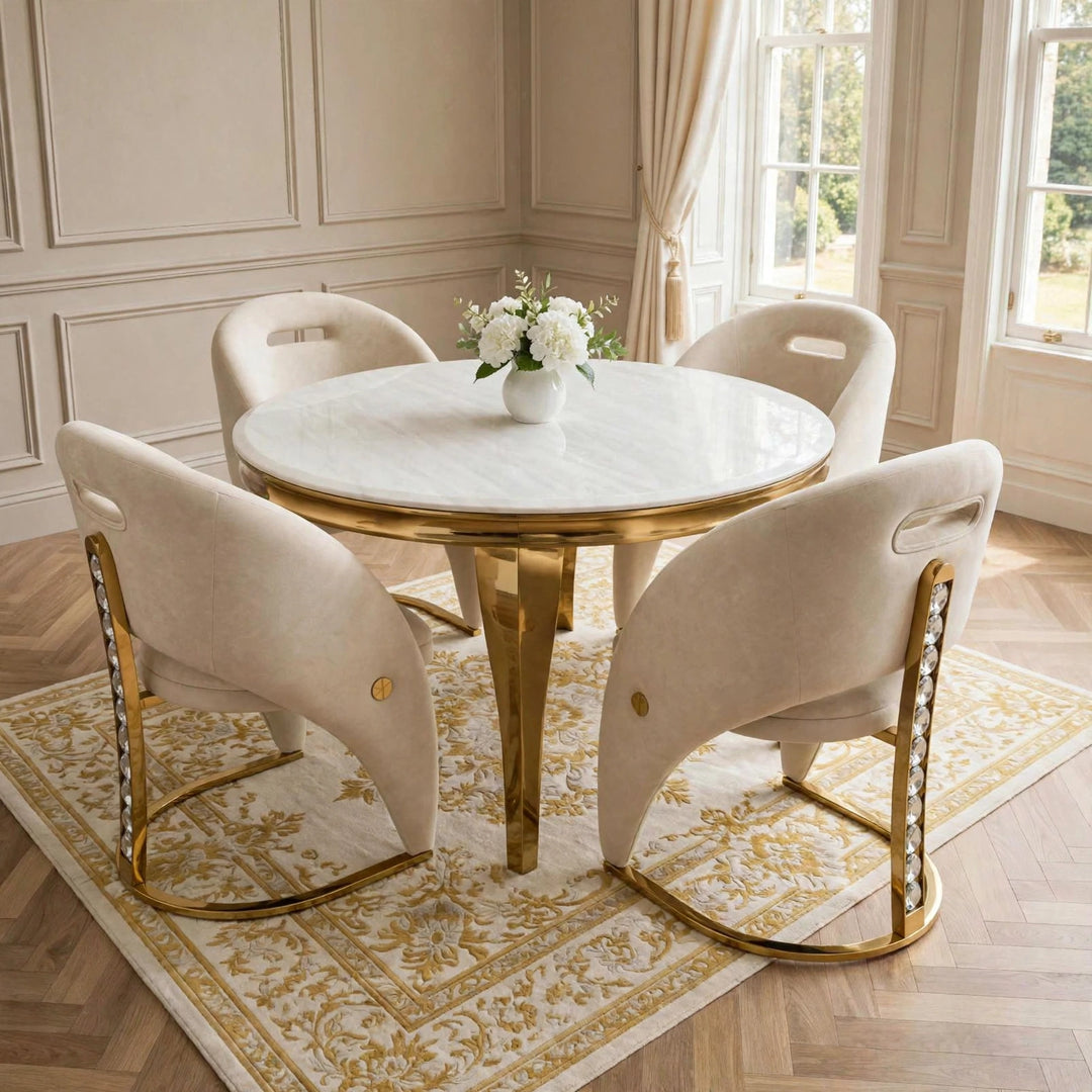 110cm Cream & Gold Marble Dining Table with 4 Crystal Velvet Chairs – Round 4 Seater