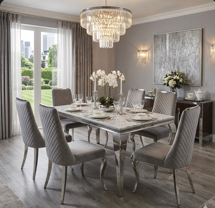 Louise Grey Marble Dining Table with Dark Grey Ruby Dining Chairs – Modern Marble Dining Set for 4–6-8, Luxury UK Dining Furniture