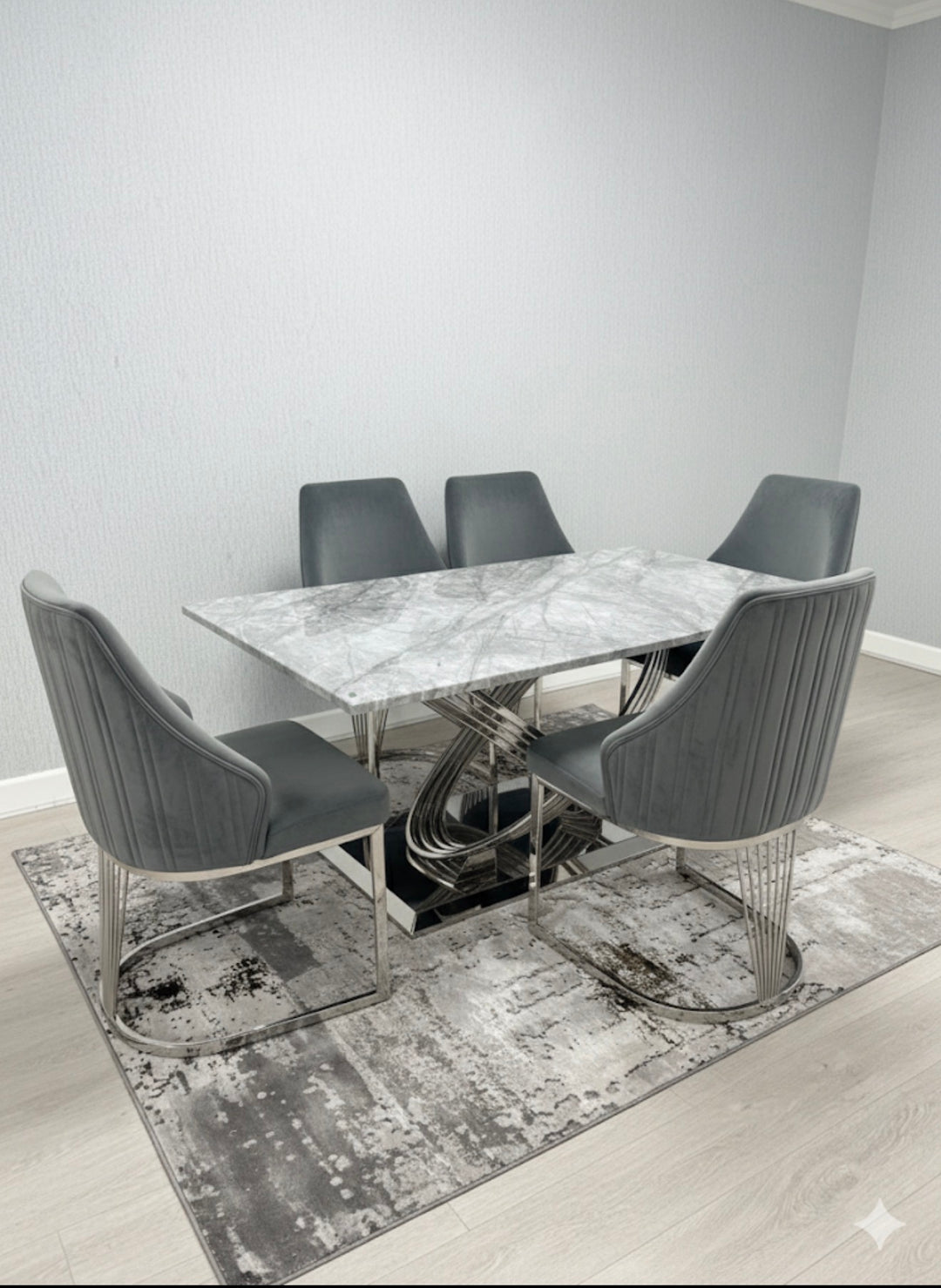 Rose 180cm Grey Marble Dining Table + Lasco Dark Grey Dining Chairs