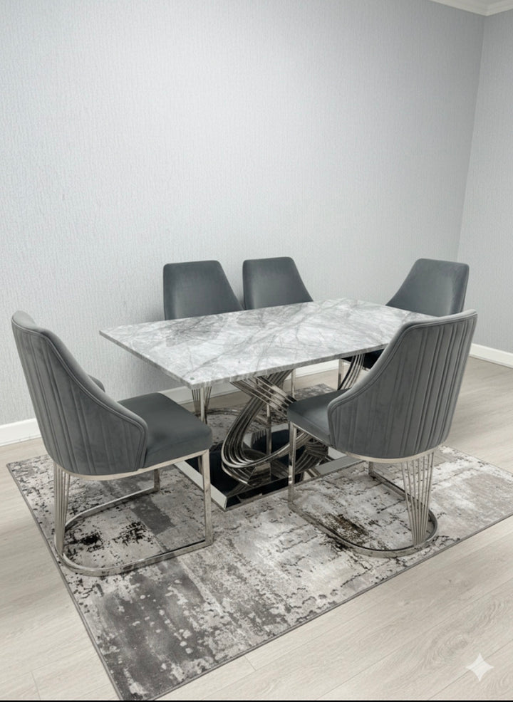 Rose 180cm Grey Marble Dining Table + Lasco Dark Grey Dining Chairs