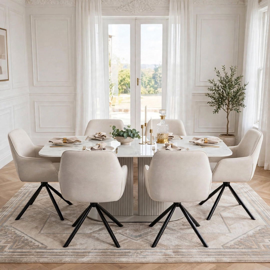 Alasgar Marble Dining Table 160cm White & Cream Pedestal Table with Florence 360 Beige Velvet Swivel Chairs Dining Set