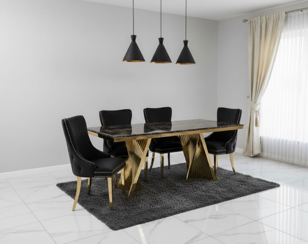 Rocco 180cm Cream Gold Dining Table With Victoria Cream Gold Lion knocker Dining Chairs