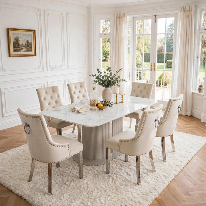 Alasgar 160cm Cream Marble Dining Table with 6 Mink Velvet Chairs – Luxury Pedestal Dining Set