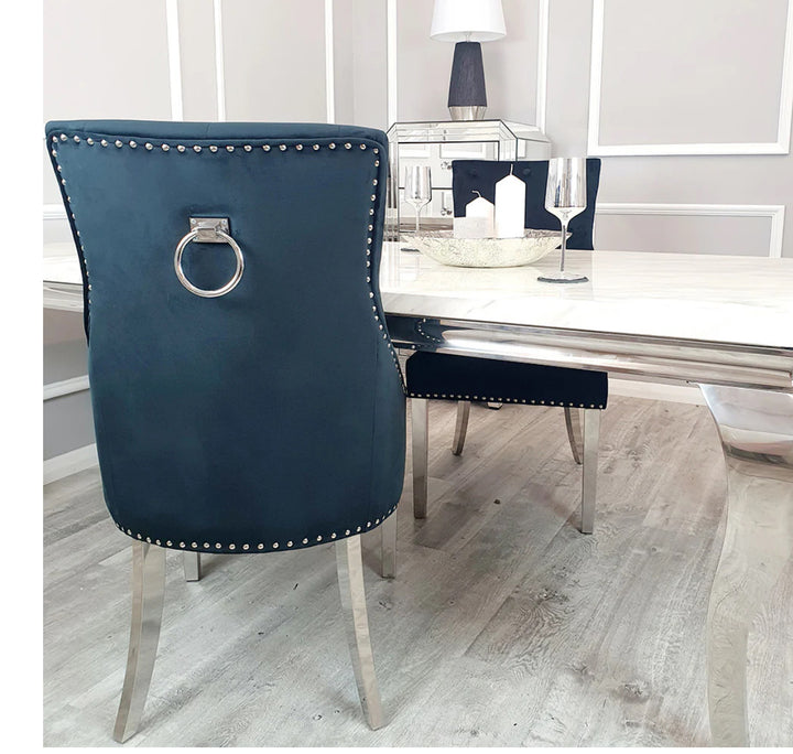 Rose 180cm Grey Marble Dining Table With Lion Knocker Dining Chairs