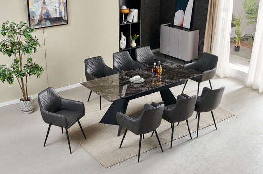 Extendable Dining Table Black + Dining Chairs Leather Dark Grey Chicago