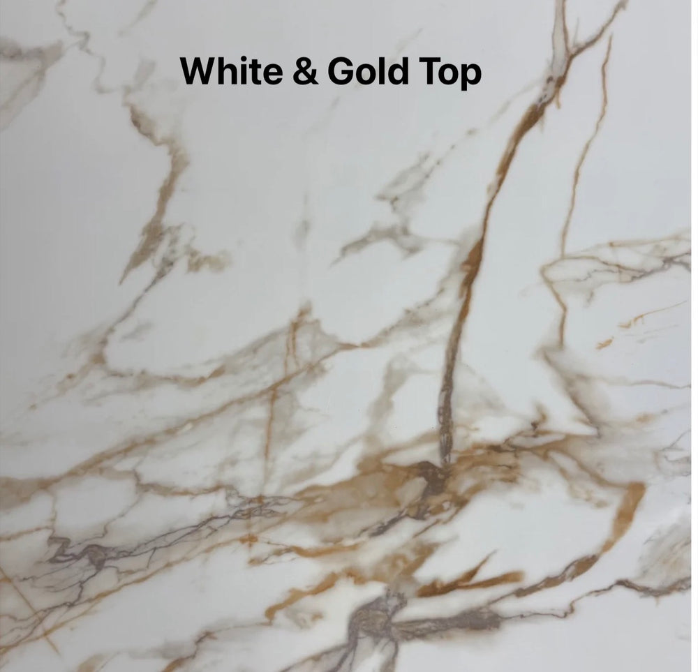 Marble-like surface with white and gold patterns and text 'White & Gold Top'.