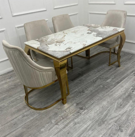 Louise Gold Marble Dining Table + Chelmsford Cream And Gold Dining Chairs