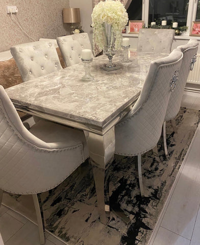 Louis Light Grey Marble Dining Table With Majestic Dark Grey Dining Chairs Lion Knocker