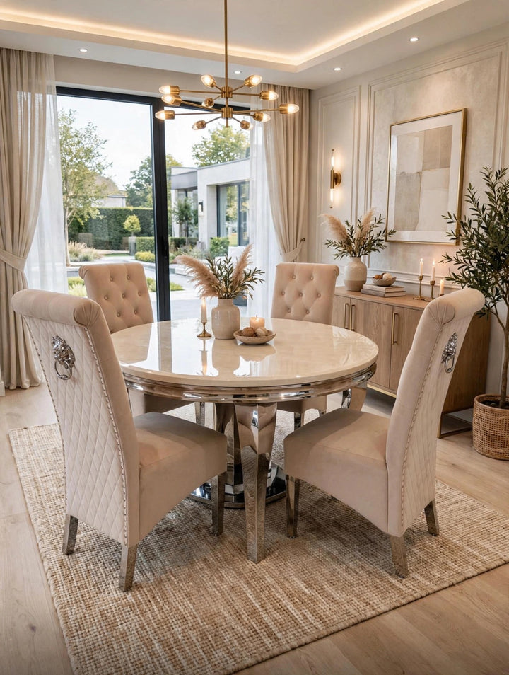 Round Cream Marble Dining Table with Sofia Mink Lion Knocker Chairs – Luxury Dining Set | 110cm / 130cm