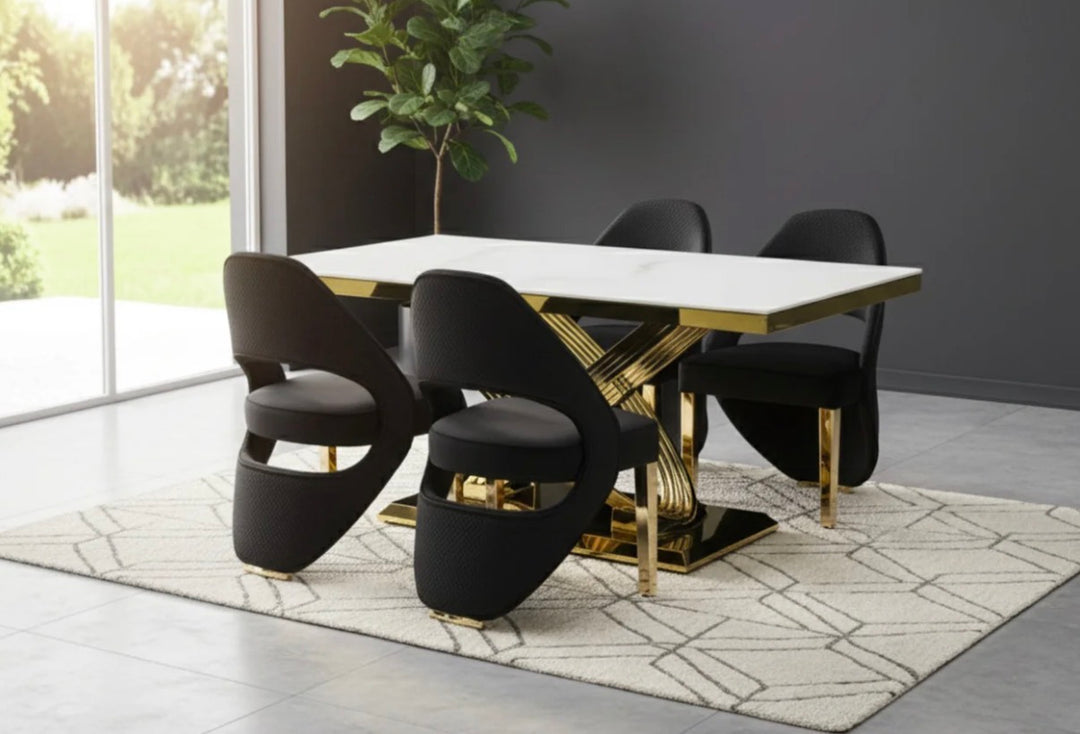 Rose Cream Gold Marble Dining Table with Santorini Cream Gold Dining Chairs