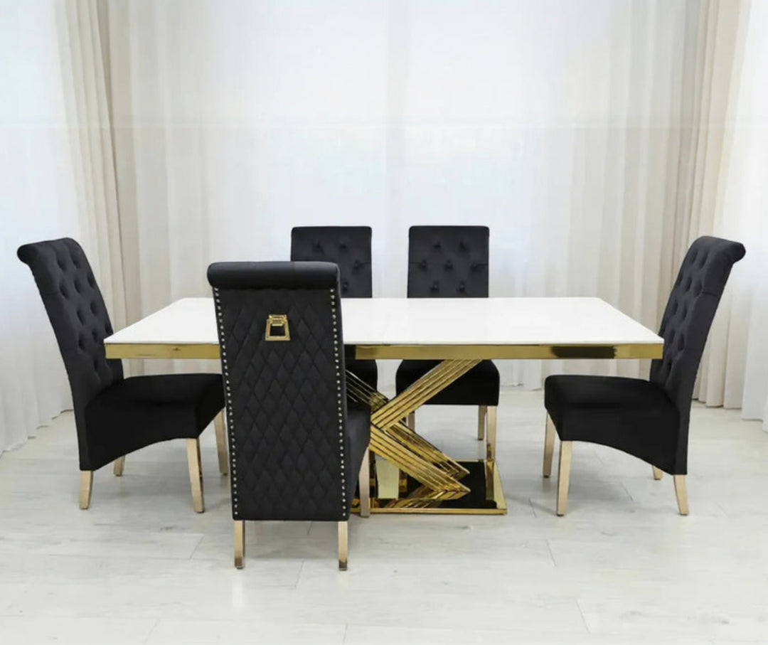 Rose Marble Dining Table Cream And Gold + Sofia Cream And Gold Dining Chairs