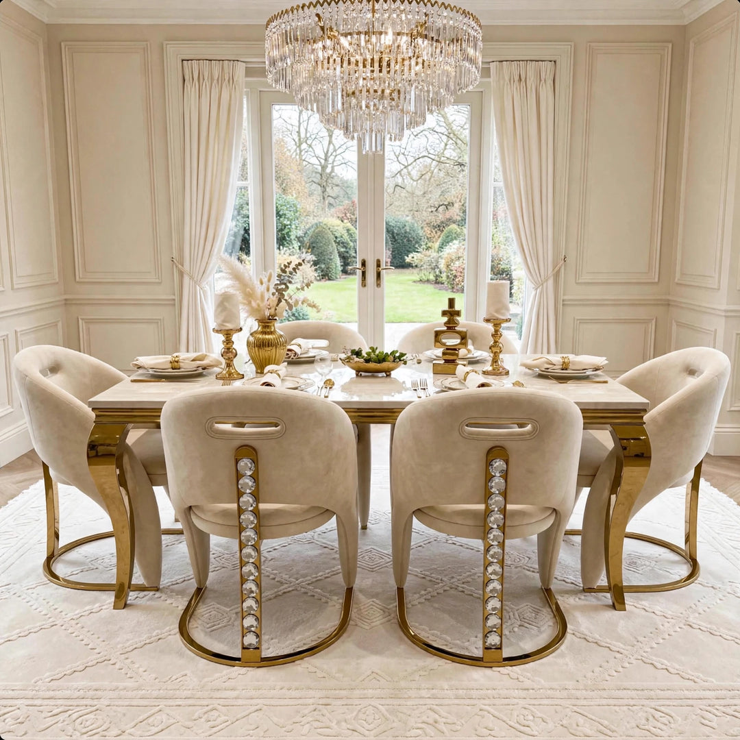 Louise Cream & Gold Marble Dining Table with Rome Cream & Gold Crystal Velvet Dining Chairs