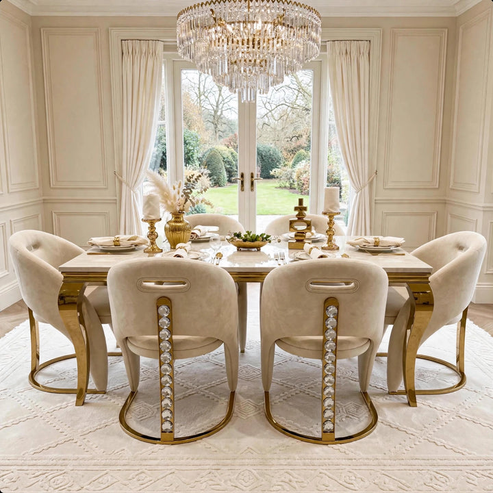 Louise Cream & Gold Marble Dining Table with Rome Cream & Gold Crystal Velvet Dining Chairs