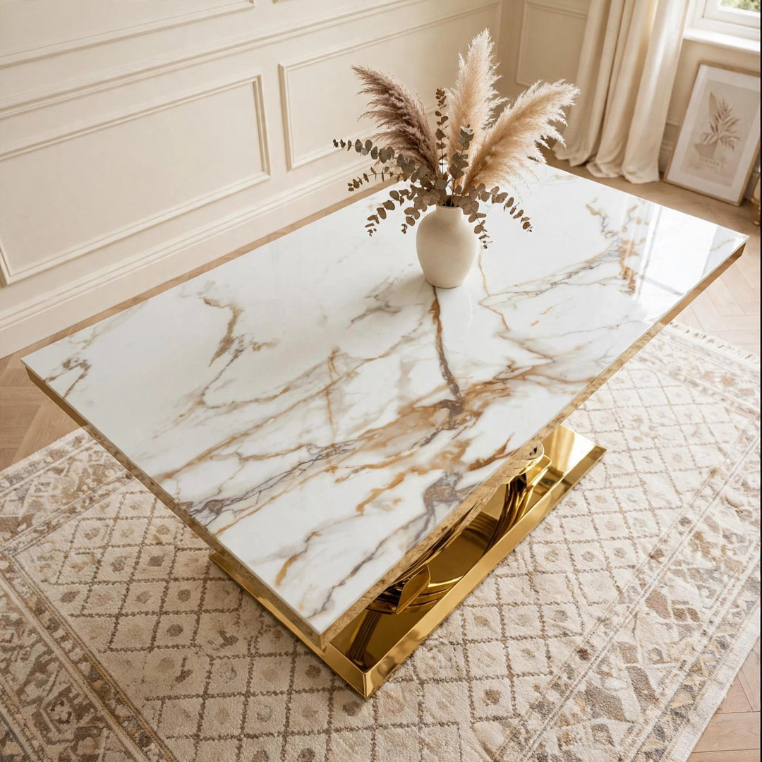 Rose White & Gold Marble Dining Table with Victoria Cream Gold Velvet Dining Chairs | 160cm or 180cm