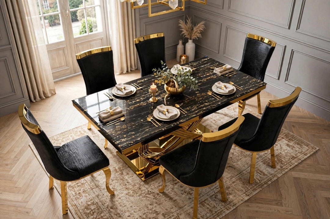 Rose Black & Gold Marble Dining Table with Roxby Black & Gold Dining Chairs | Luxury Dining Set