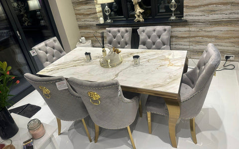 Louis White Gold Dining Table + Majestic Grey and Gold Dining Chair