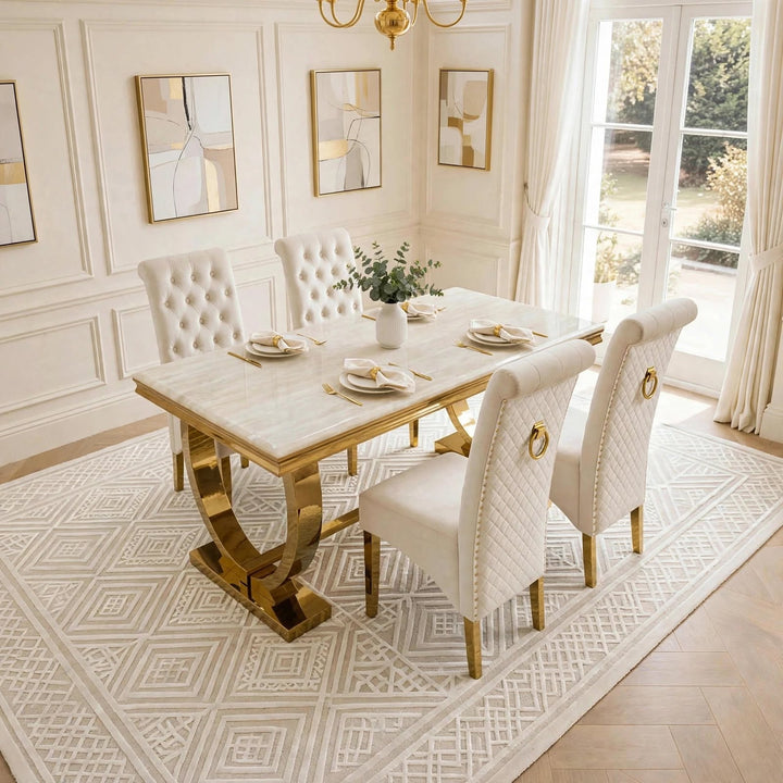     Arianna cream and gold marble dining table with cream and Gold velvet chairs