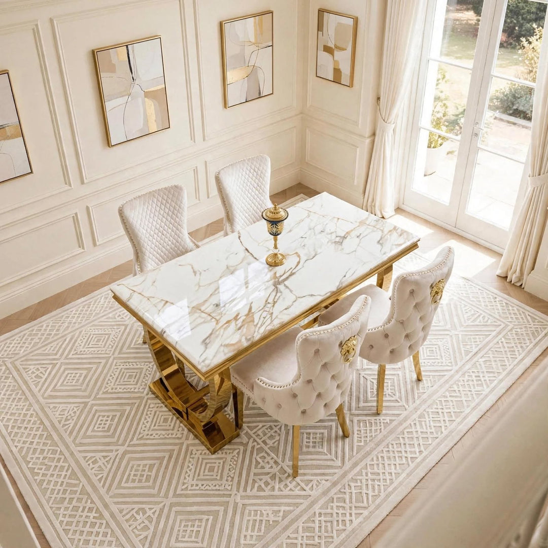 Arianna White & Gold Marble Dining Table with Victoria Cream & Gold Velvet Chairs