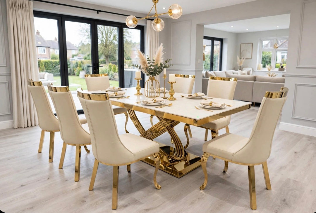 Rose Cream & Gold Marble Dining Table with Roxby Cream & Gold Dining Chairs | Luxury Dining Set