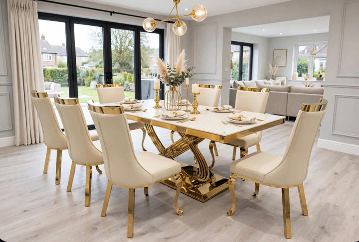 Rose Cream & Gold Marble Dining Table with Roxby Cream & Gold Dining Chairs | Luxury Dining Set