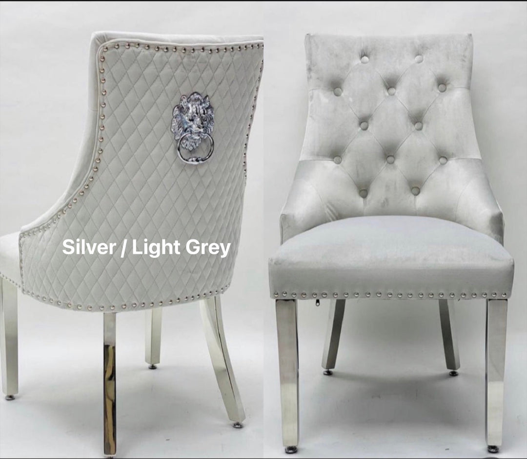 Denver Marble Dining Table Light Grey + Majestic Dining Chairs Lion Knocker